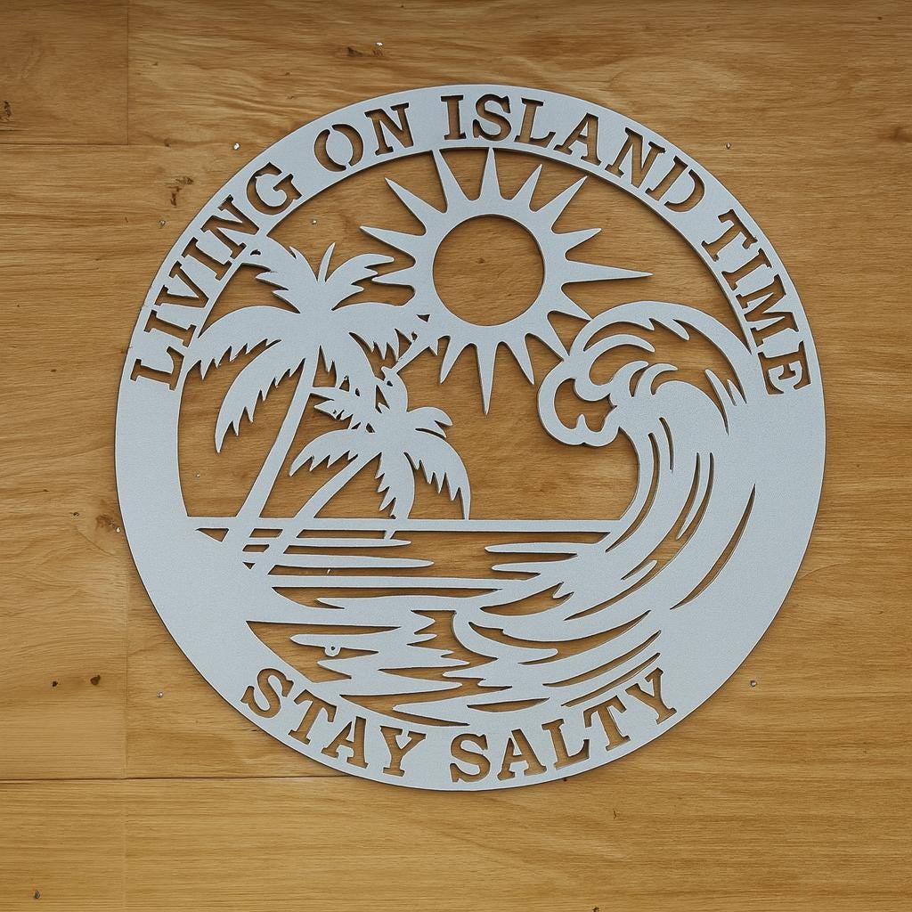 Living on Island Time Stay Salty Sign – 3 Ft Round PVC Outdoor Beach House Wall Art, Coastal Decor, Tropical Wave & Palm Tree