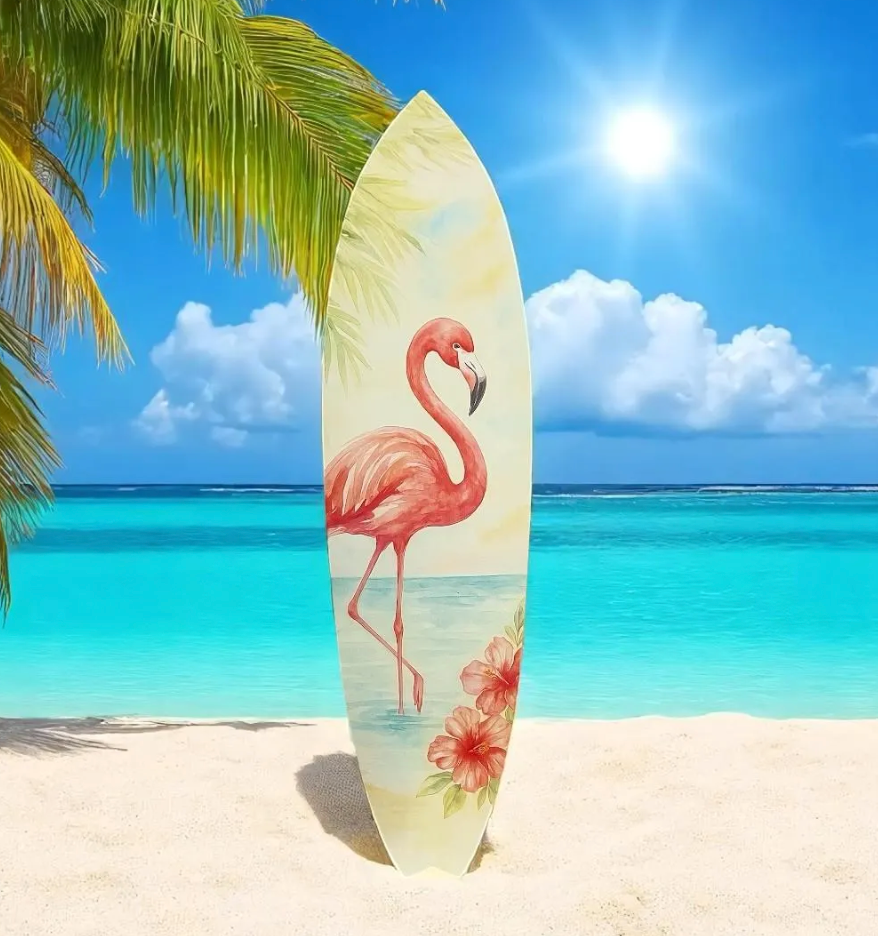 Flamingo Surfboard Wall Art – Tropical PVC Beach House Decor, Coastal Flamingo Sign for Porch or Patio, Outdoor Weatherproof Wall Art, 3 - 5 Feet