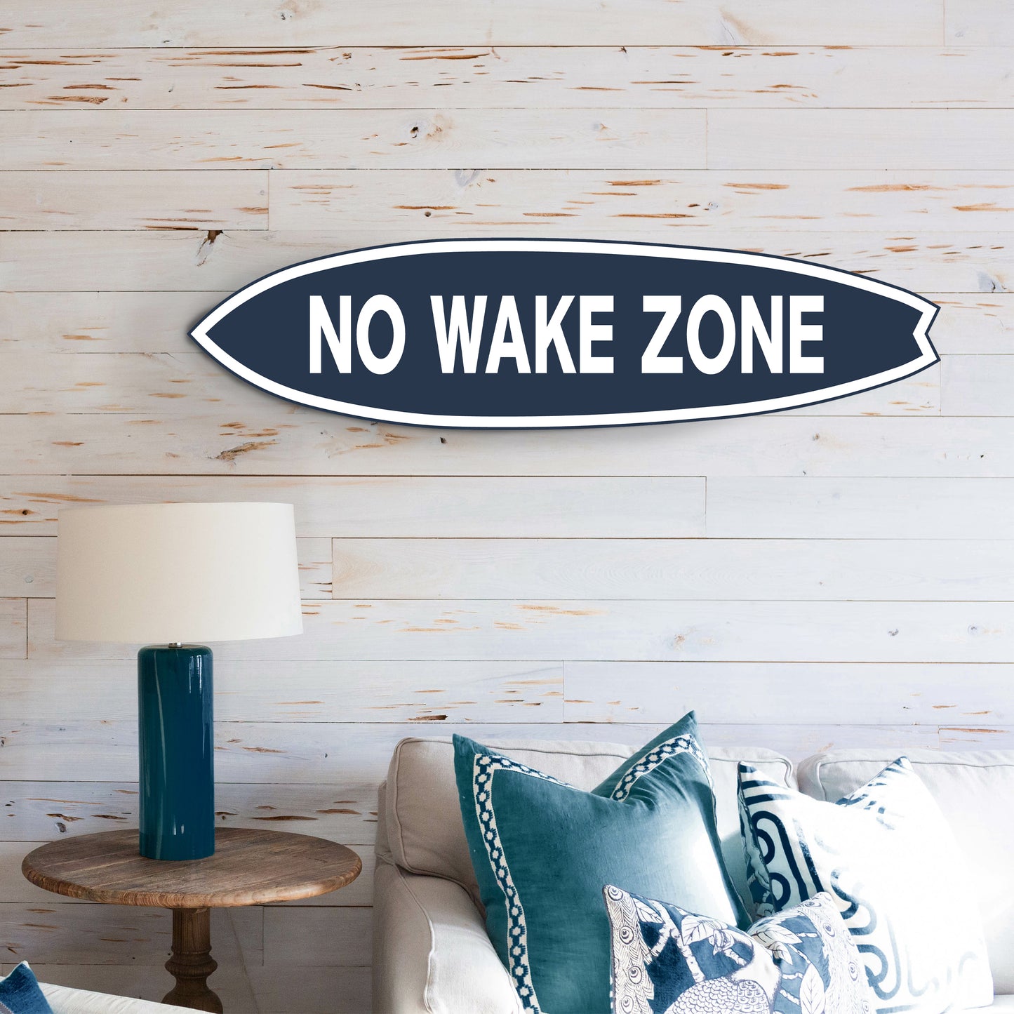 Outdoor No Wake Zone Surfboard Wall Art, PVC for Outside and Inside, Blue and White Nautical Design, 3 - 5 Feet