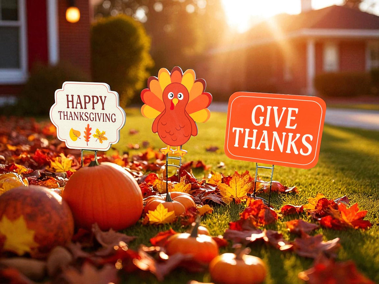 Thanksgiving Yard Stakes Set of 3 – PVC Turkey & Signs – Outdoor Fall Lawn Decorations – Made in USA, Weatherproof with Stakes