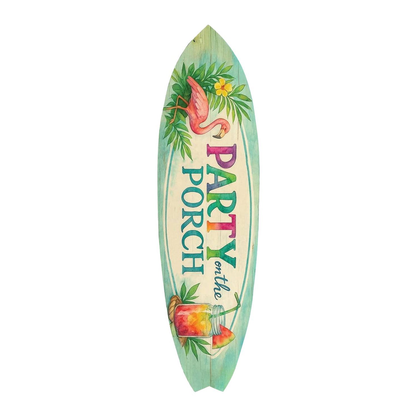 Party on the Porch Surfboard Wall Art – Indoor Outdoor PVC Porch Decor, Tropical Patio Sign, Flamingo Summer Decor