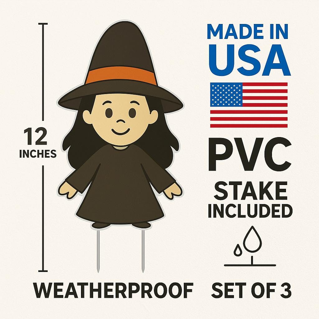 Set of 3 Halloween Witch Yard Stakes – 12” PVC Lawn Decorations – Outdoor Weatherproof, Made in USA – Cute Witches with Stakes