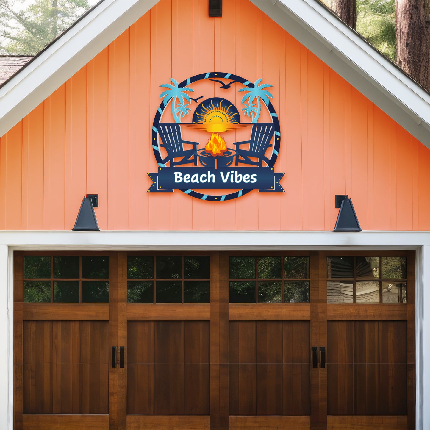 Outdoor Beach Vibes Sign – Round Premium PVC Beach House Decor with Palm Trees & Fire Pit – Weatherproof Coastal Wall Art for Home, Pool Area, Shed