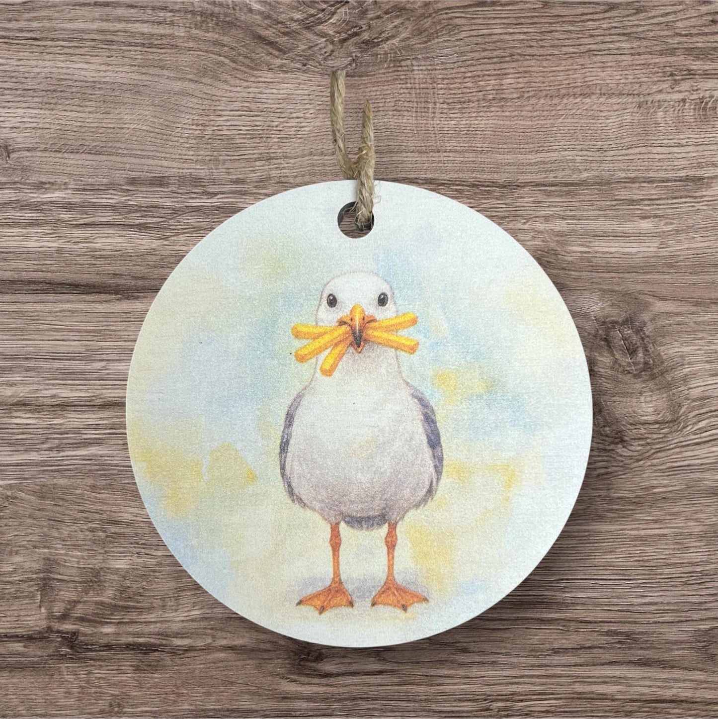 Seagull with French Fries Christmas Ornament – Coastal Beach Holiday Décor, 4” Round PVC Ornament, Nautical Tree Decoration