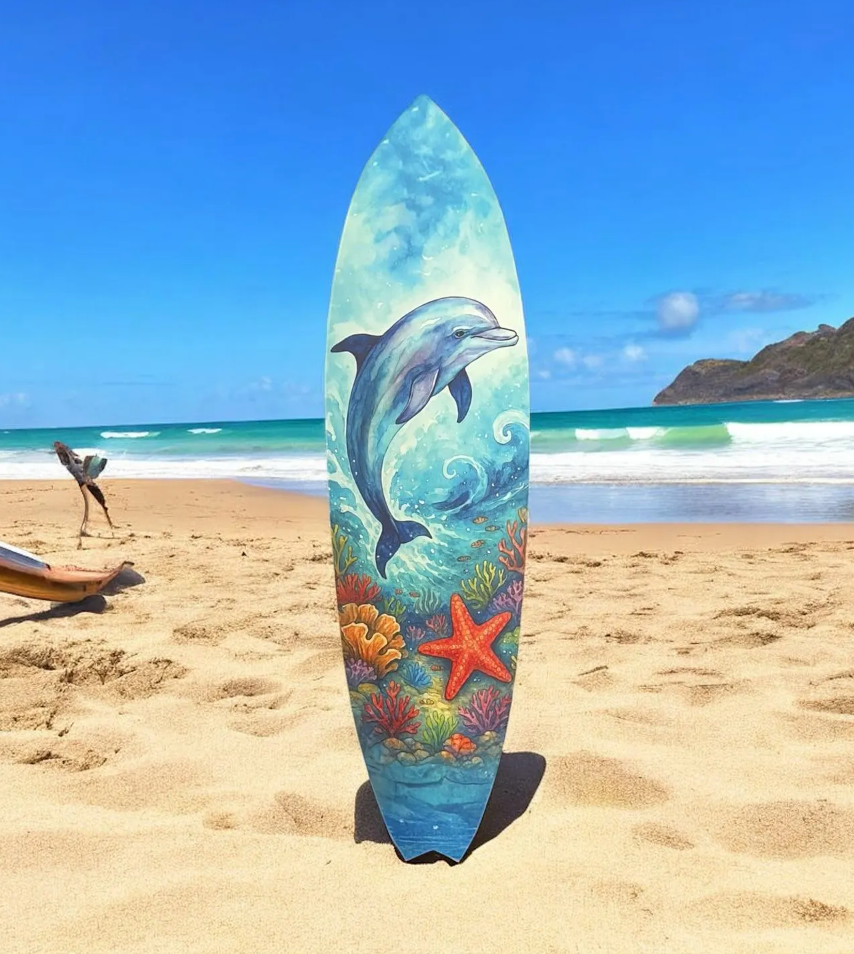 Dolphin Surfboard Wall Art – Coastal PVC Beach House Decor, Ocean Animal Wall Sign, Tropical Decorating, 3 - 5 Feet