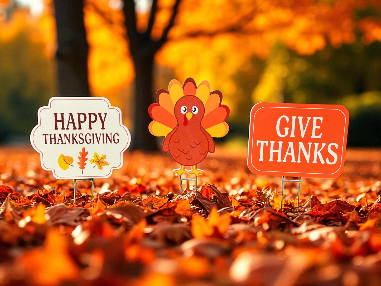 Thanksgiving Yard Stakes Set of 3 – PVC Turkey & Signs – Outdoor Fall Lawn Decorations – Made in USA, Weatherproof with Stakes