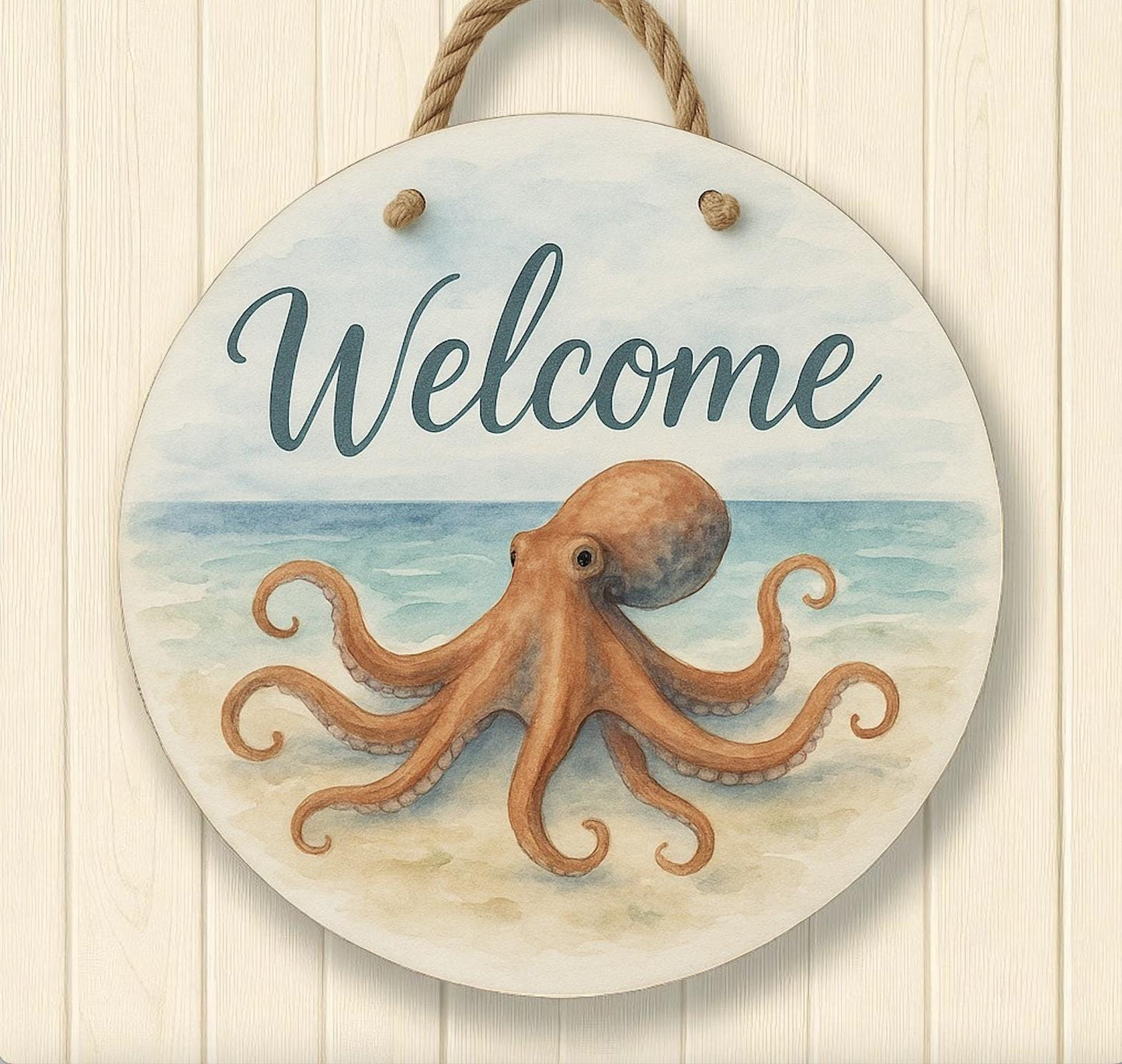 Octopus Welcome Door Hanger – 16" Round Nautical Beach Decor – Coastal PVC Sign with Rope – Outdoor Ocean Porch Wall Art