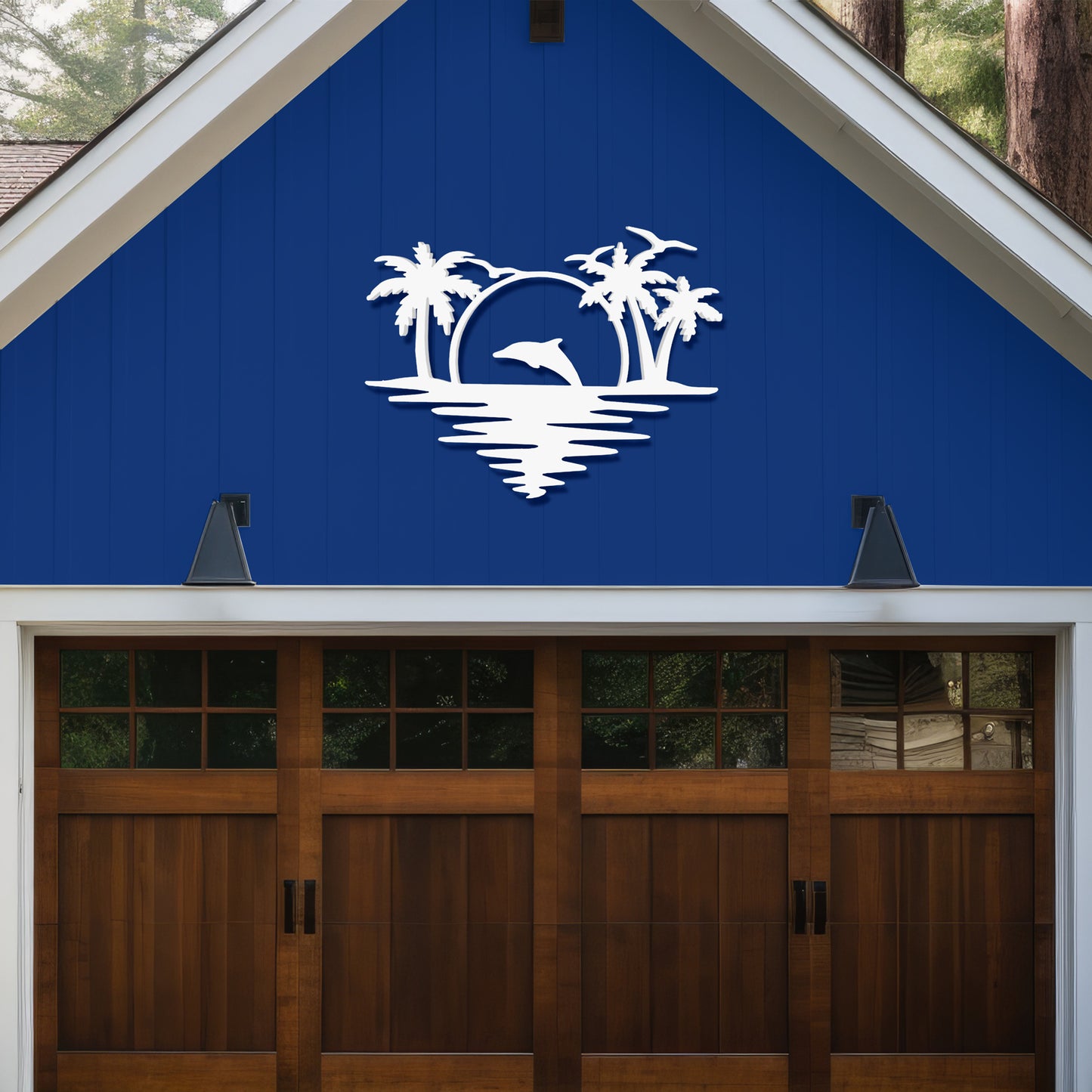 Outdoor Dolphin Wall Art, Coastal Wall Decor for Beach House, White PVC Dolphin Sign with Palm Trees Sunset, Nautical Ocean Decoration