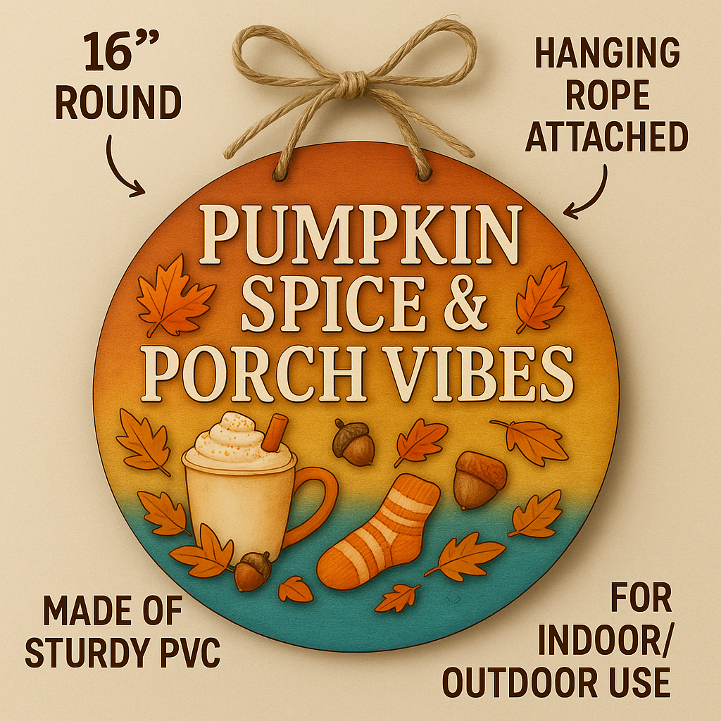 Pumpkin Spice and Porch Vibes Sign – Round Fall Front Door Hanger, Autumn Porch Decor, Outdoor Weather-Resistant PVC Decoration, 16 Inch