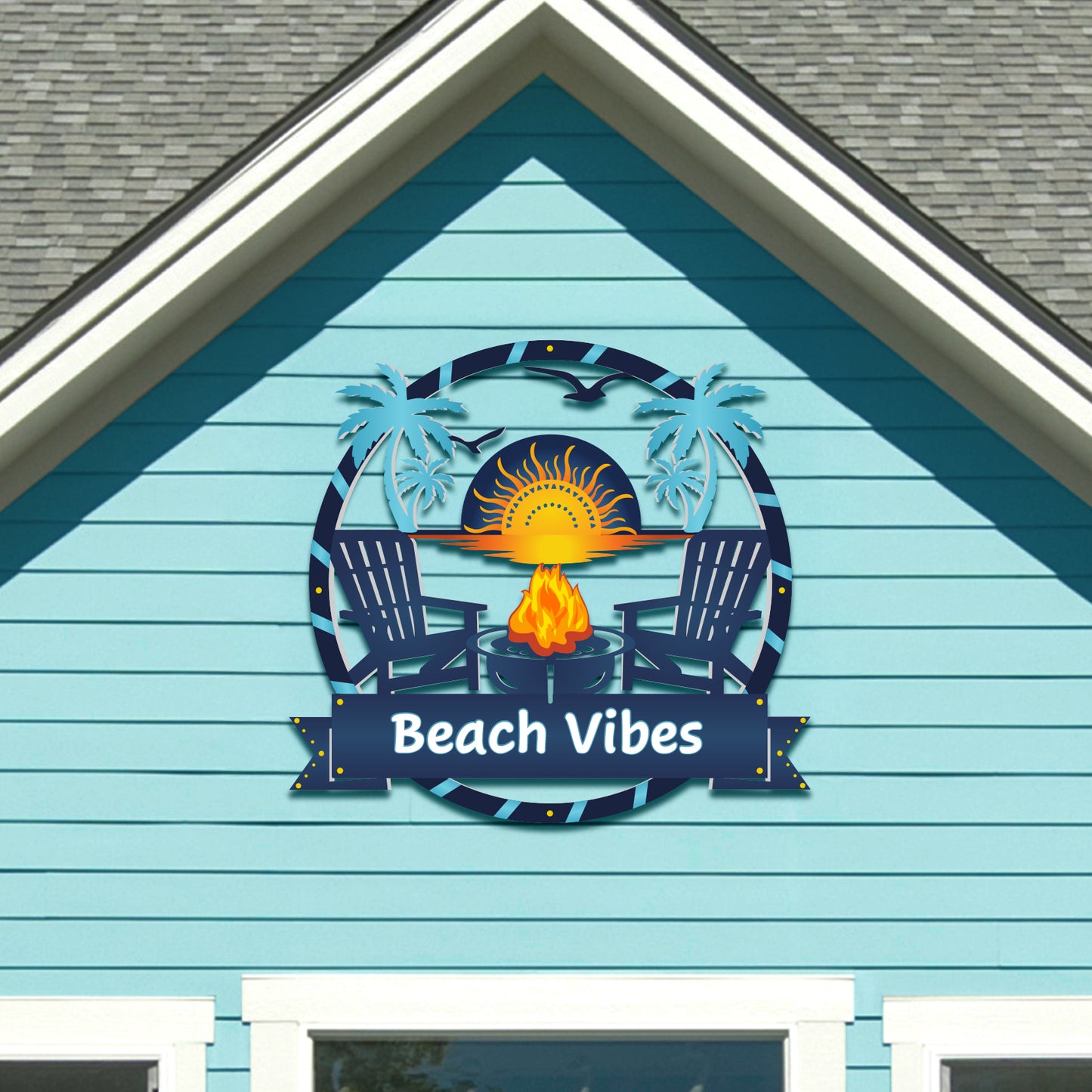 Outdoor Beach Vibes Sign – Round Premium PVC Beach House Decor with Palm Trees & Fire Pit – Weatherproof Coastal Wall Art for Home, Pool Area, Shed