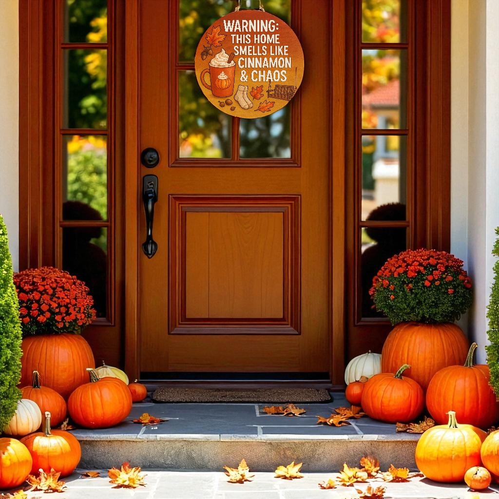 Cinnamon & Chaos Fall Front Door Welcome Sign – Autumn Porch Decor, Outdoor Weather-Resistant PVC Decoration, 16 Inch