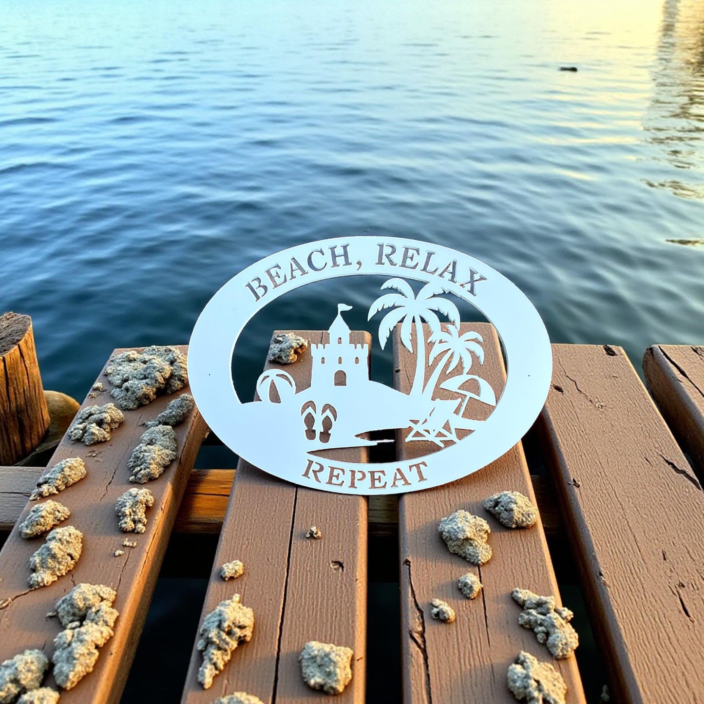 Beach House Sign – Beach Relax Repeat PVC Wall Art, Coastal Outdoor Decor, 36x24 Sandcastle Sign