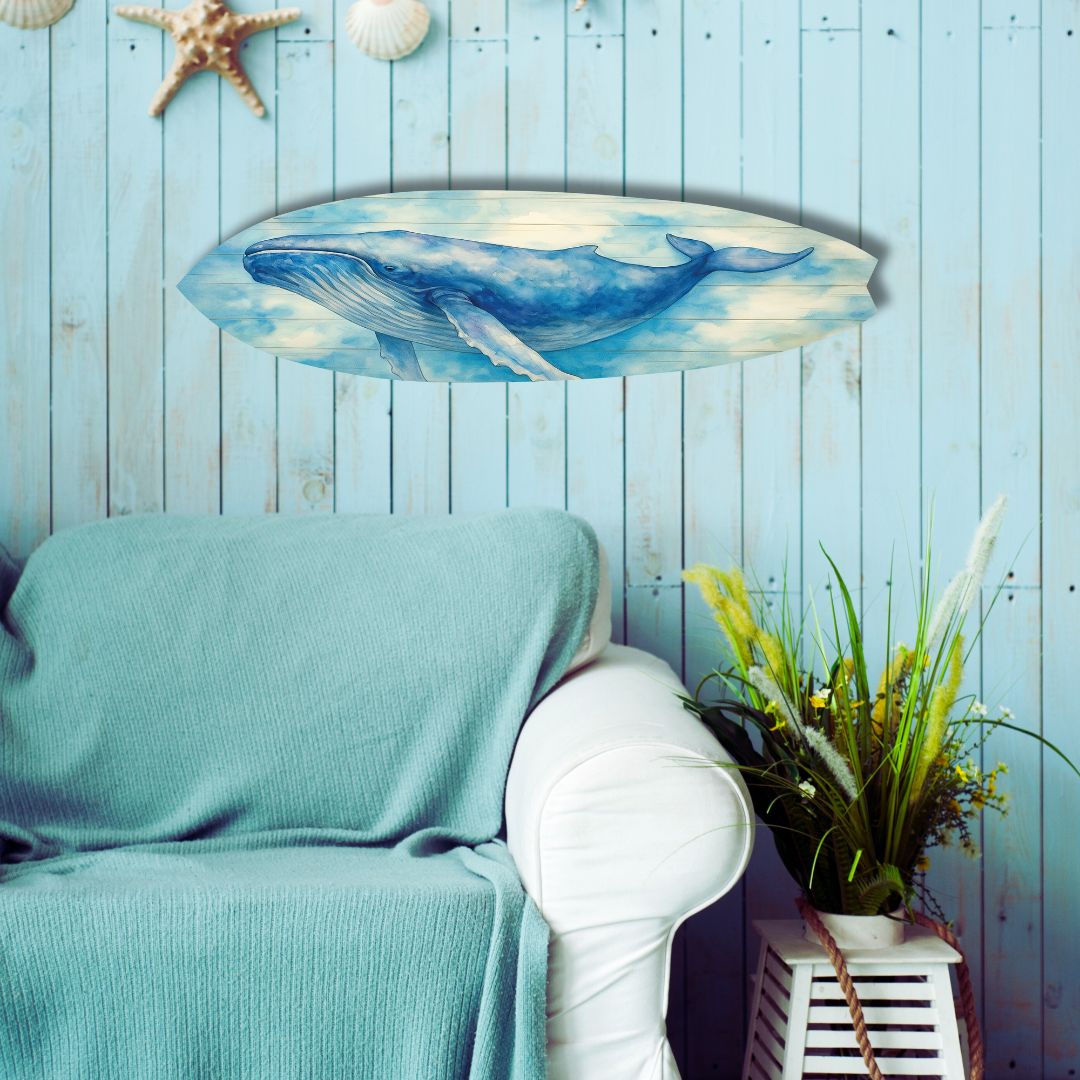 Humpback Whale Surfboard Wall Art – Nautical Decor, Beach House Sign, Watercolor Whale Art, Indoor Outdoor PVC Surfboard Decoration, 3 - 5 Feet