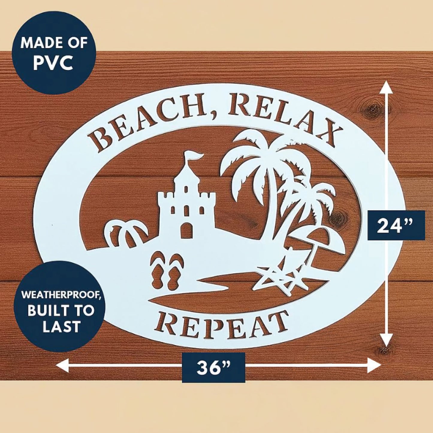 Beach House Sign – Beach Relax Repeat PVC Wall Art, Coastal Outdoor Decor, 36x24 Sandcastle Sign
