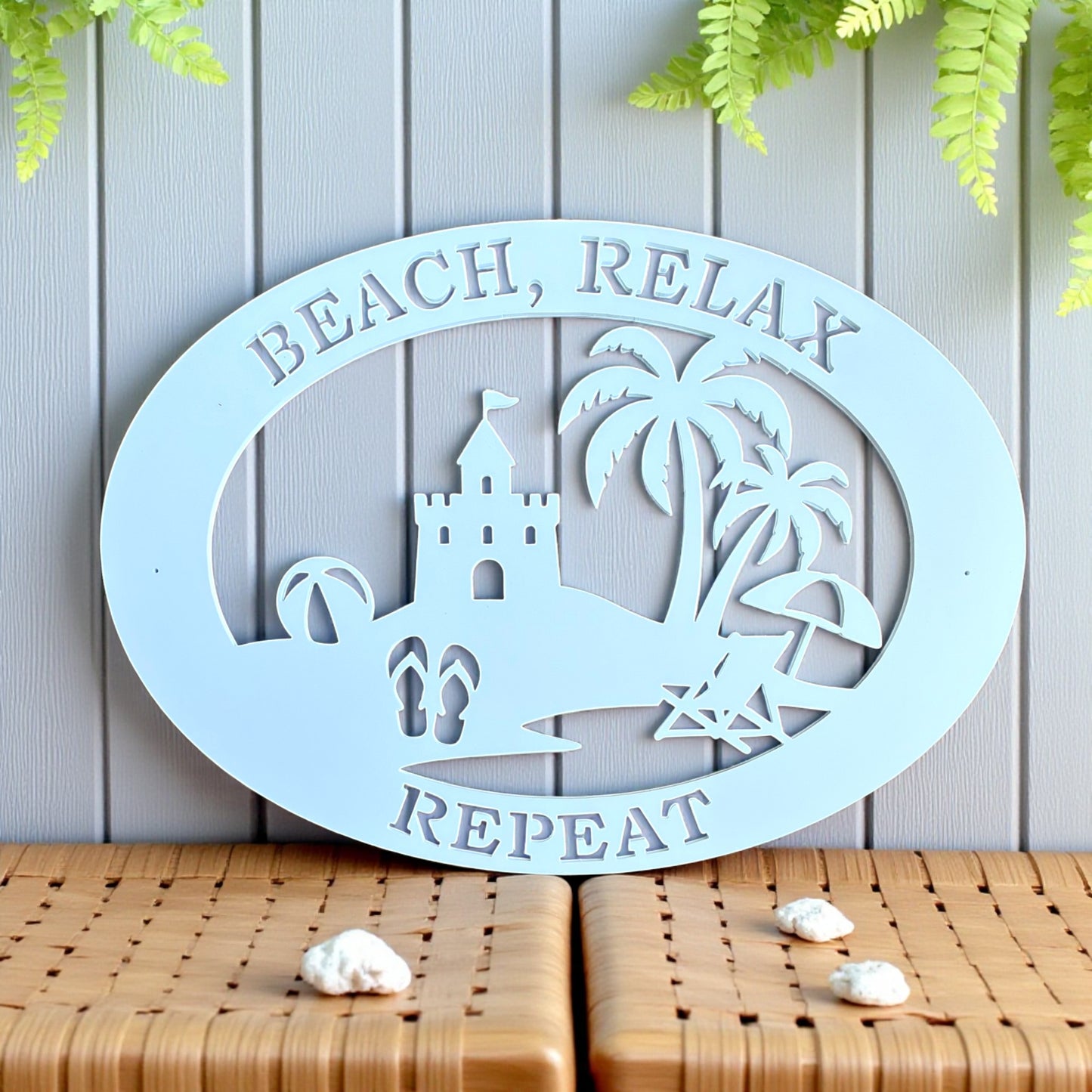 Beach House Sign – Beach Relax Repeat PVC Wall Art, Coastal Outdoor Decor, 36x24 Sandcastle Sign