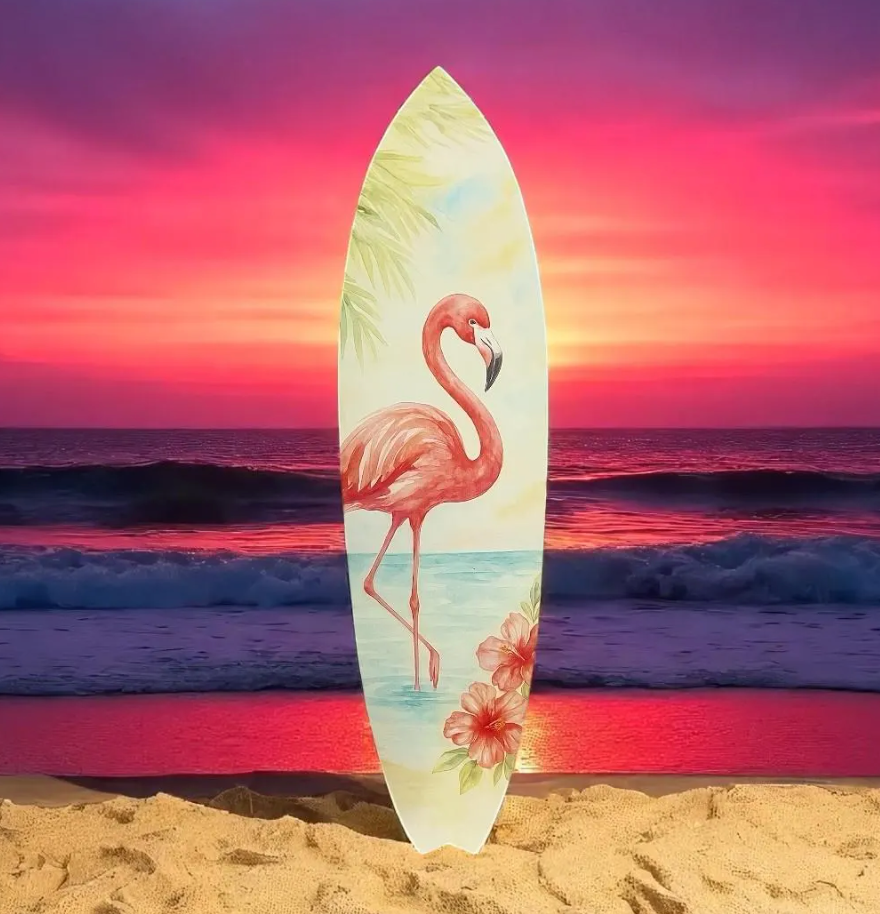 Flamingo Surfboard Wall Art – Tropical PVC Beach House Decor, Coastal Flamingo Sign for Porch or Patio, Outdoor Weatherproof Wall Art, 3 - 5 Feet