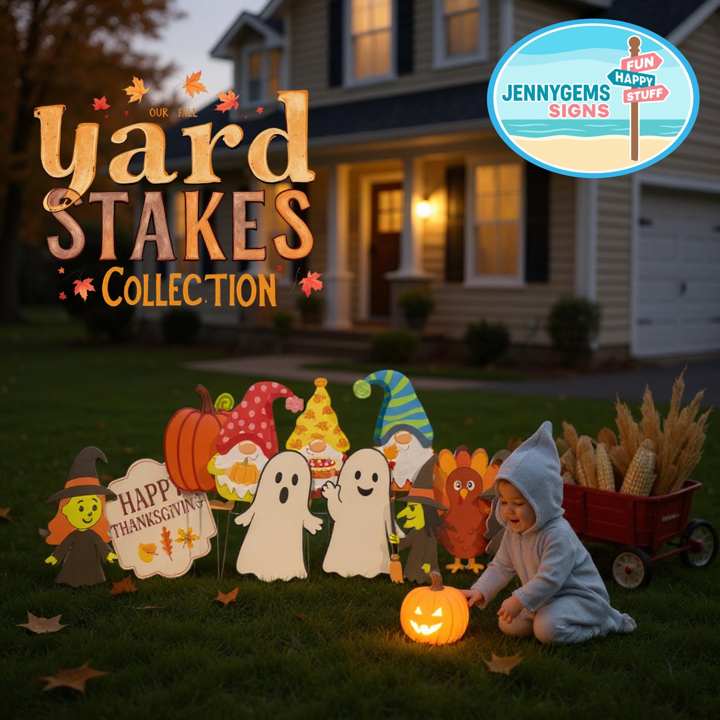 Fall Gnome Yard Stakes Set: PVC Autumn Porch Decor - Outdoor Fall Decorations - Made in USA