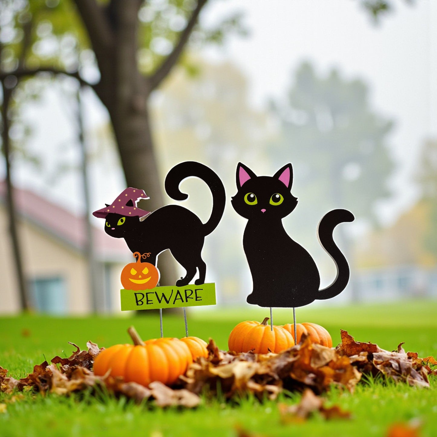 Black Cats Halloween Yard Stakes, Outdoor PVC Fall Decor, Set of 2, Stakes Included