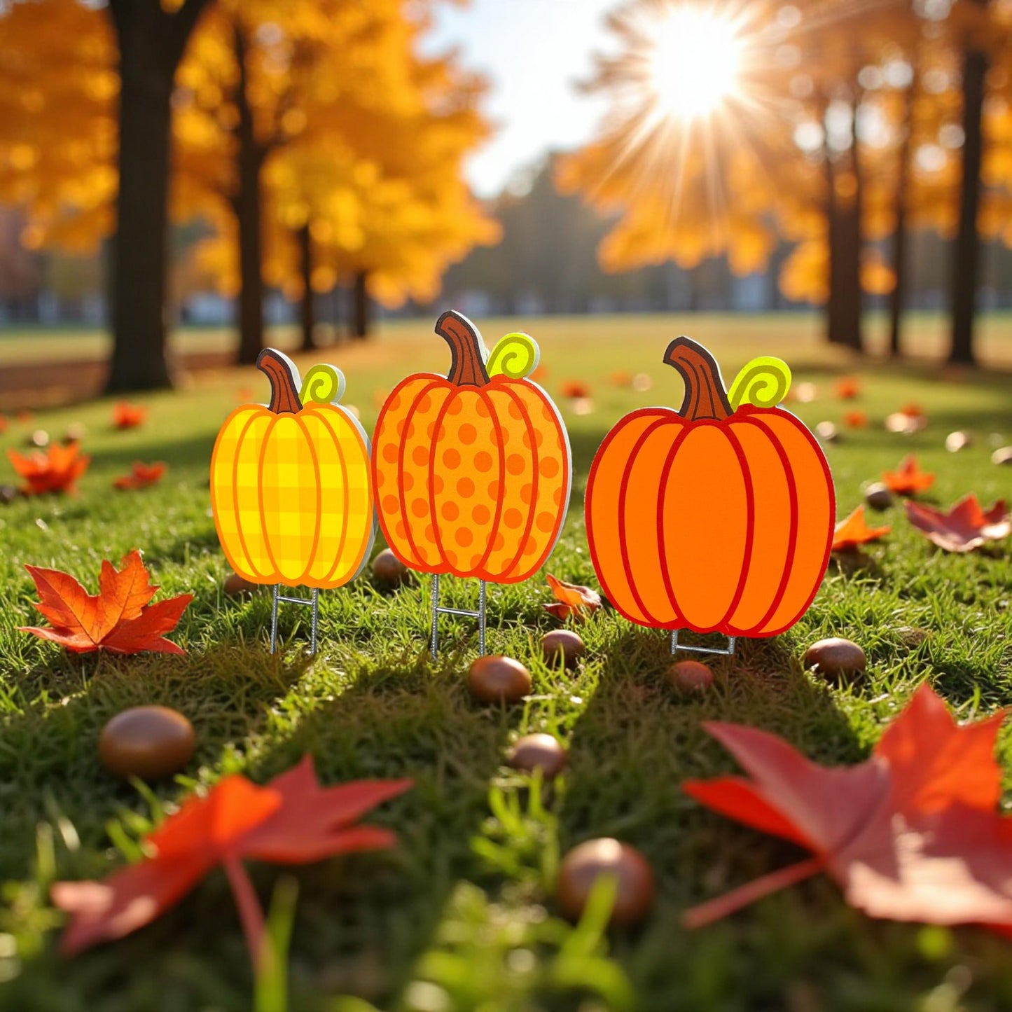 PVC Pumpkin Yard Stakes Set: Durable Autumn Garden Decor - Outdoor Fall Decorations - Made in USA