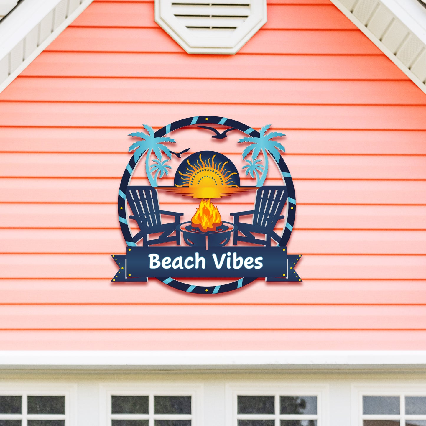 Outdoor Beach Vibes Sign – Round Premium PVC Beach House Decor with Palm Trees & Fire Pit – Weatherproof Coastal Wall Art for Home, Pool Area, Shed