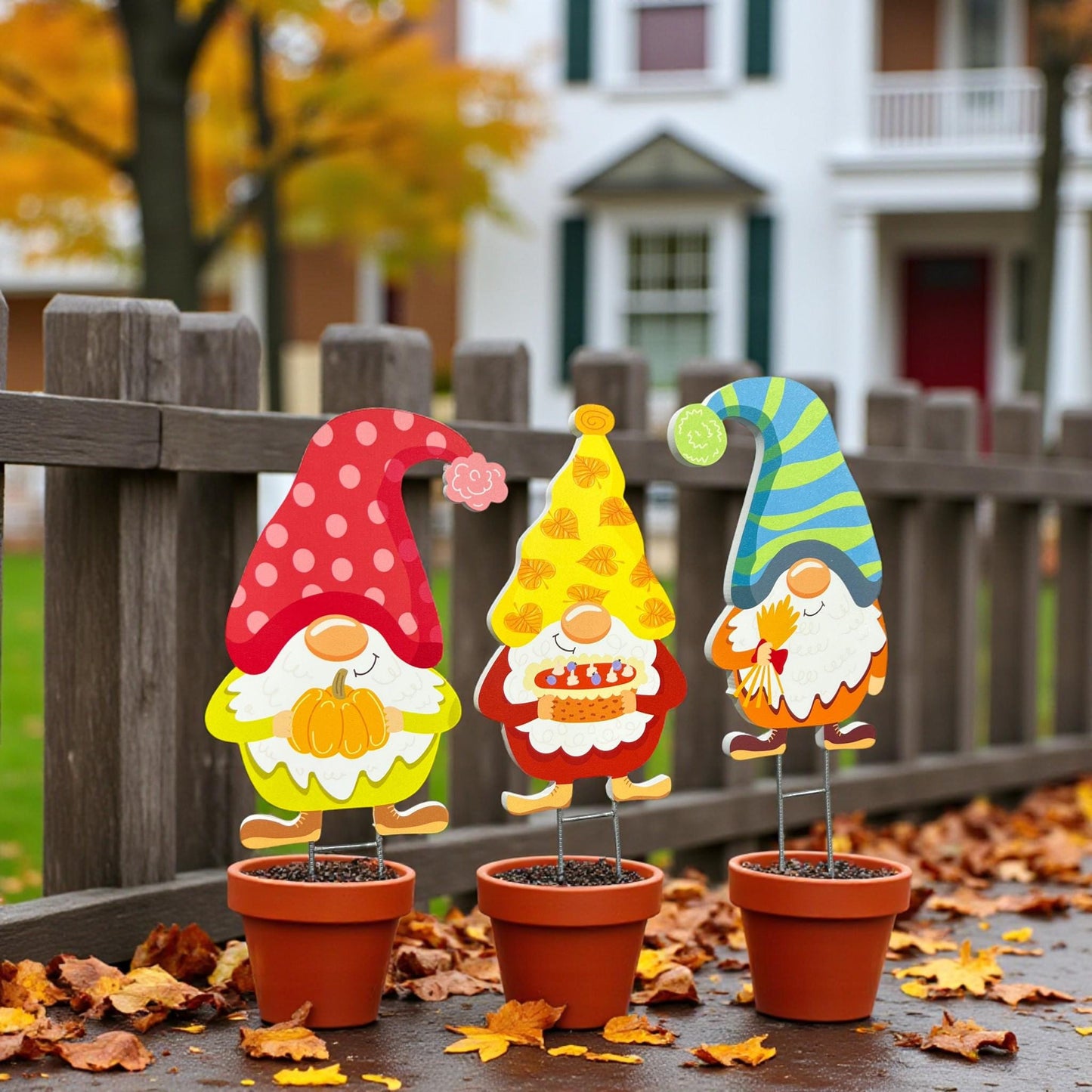 Fall Gnome Yard Stakes Set: PVC Autumn Porch Decor - Outdoor Fall Decorations - Made in USA