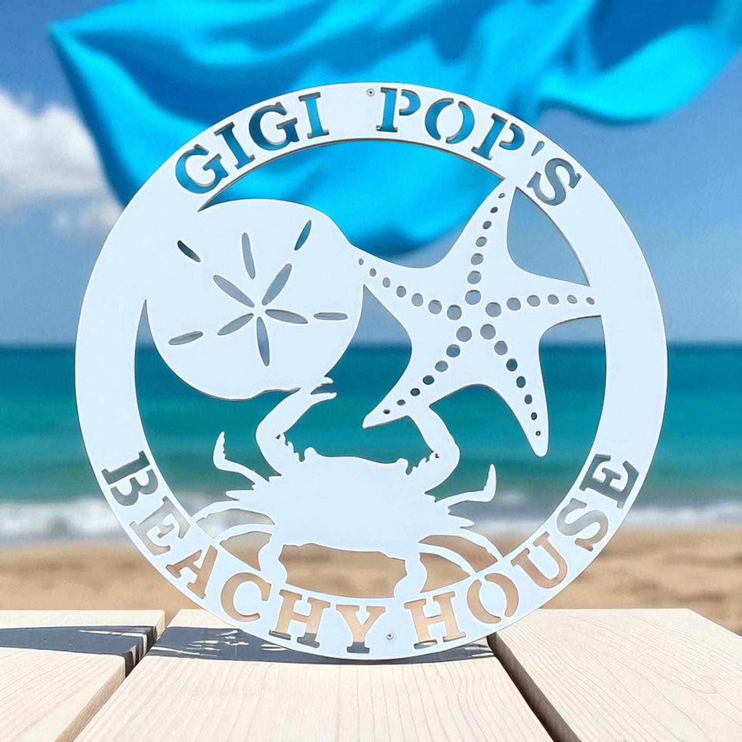 Custom Coastal Beach House Sign – 30” Round Outdoor PVC Wall Art with Crab, Starfish & Sand Dollar – Personalized Nautical Home Decor Porch