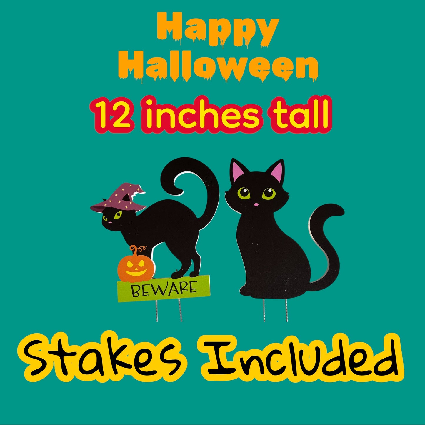 Black Cats Halloween Yard Stakes, Outdoor PVC Fall Decor, Set of 2, Stakes Included
