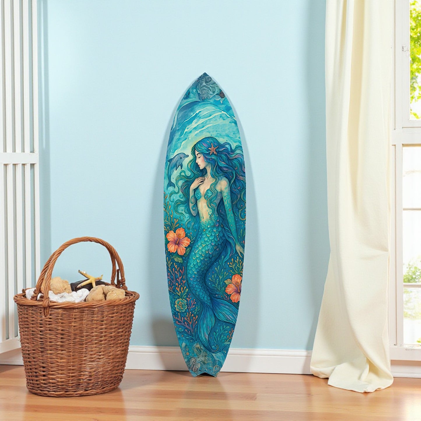 JennyGems Mermaid Decorative Surfboard Sign – Indoor Outdoor Coastal Wall Art, Beach Mermaid Décor, Ocean Lover Gift, Tropical PVC Surfboard Art, Nautical Home Décor, Made in USA, 2 Foot