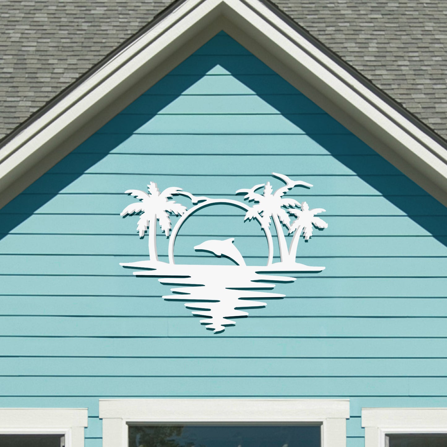 Outdoor Dolphin Wall Art, Coastal Wall Decor for Beach House, White PVC Dolphin Sign with Palm Trees Sunset, Nautical Ocean Decoration