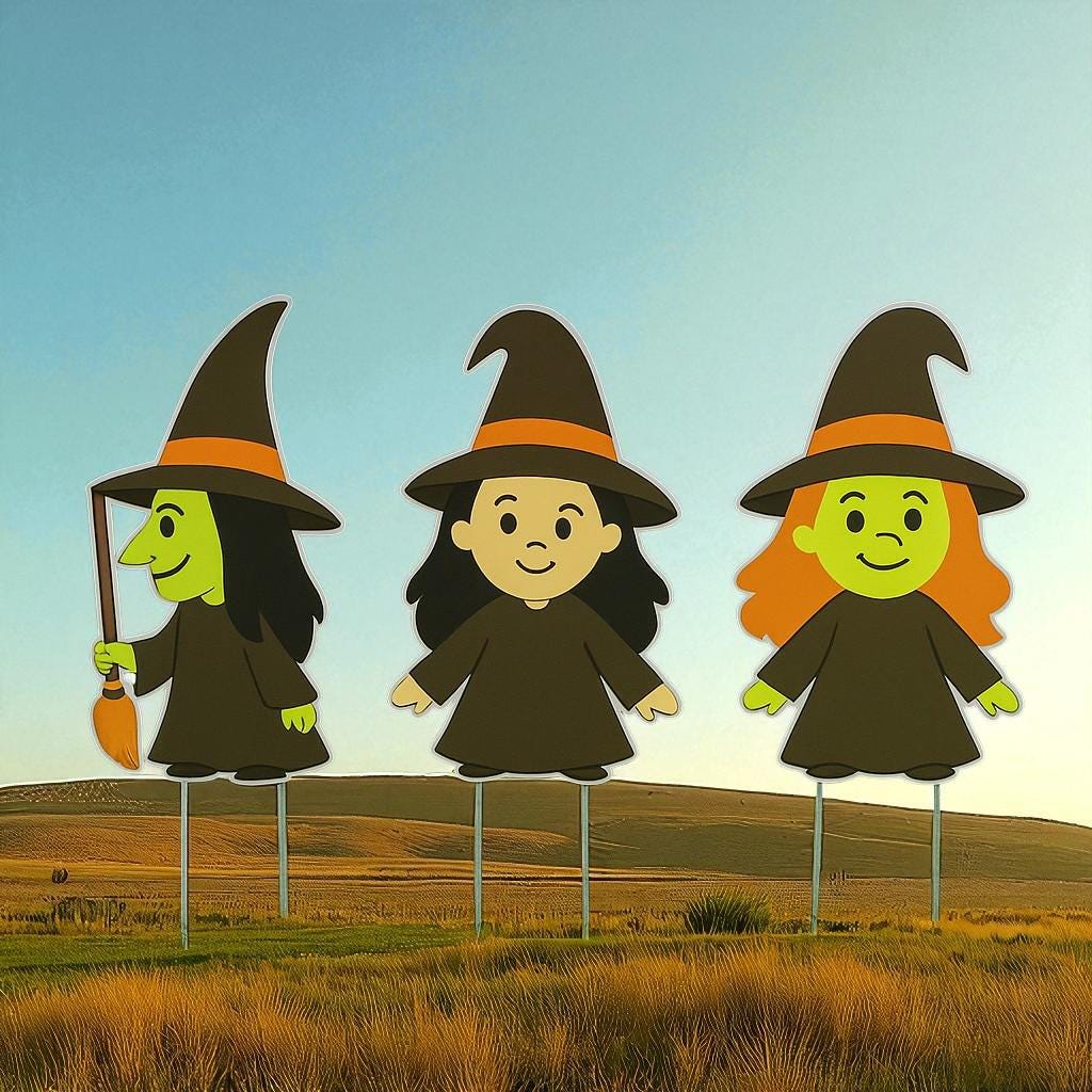 Set of 3 Halloween Witch Yard Stakes – 12” PVC Lawn Decorations – Outdoor Weatherproof, Made in USA – Cute Witches with Stakes