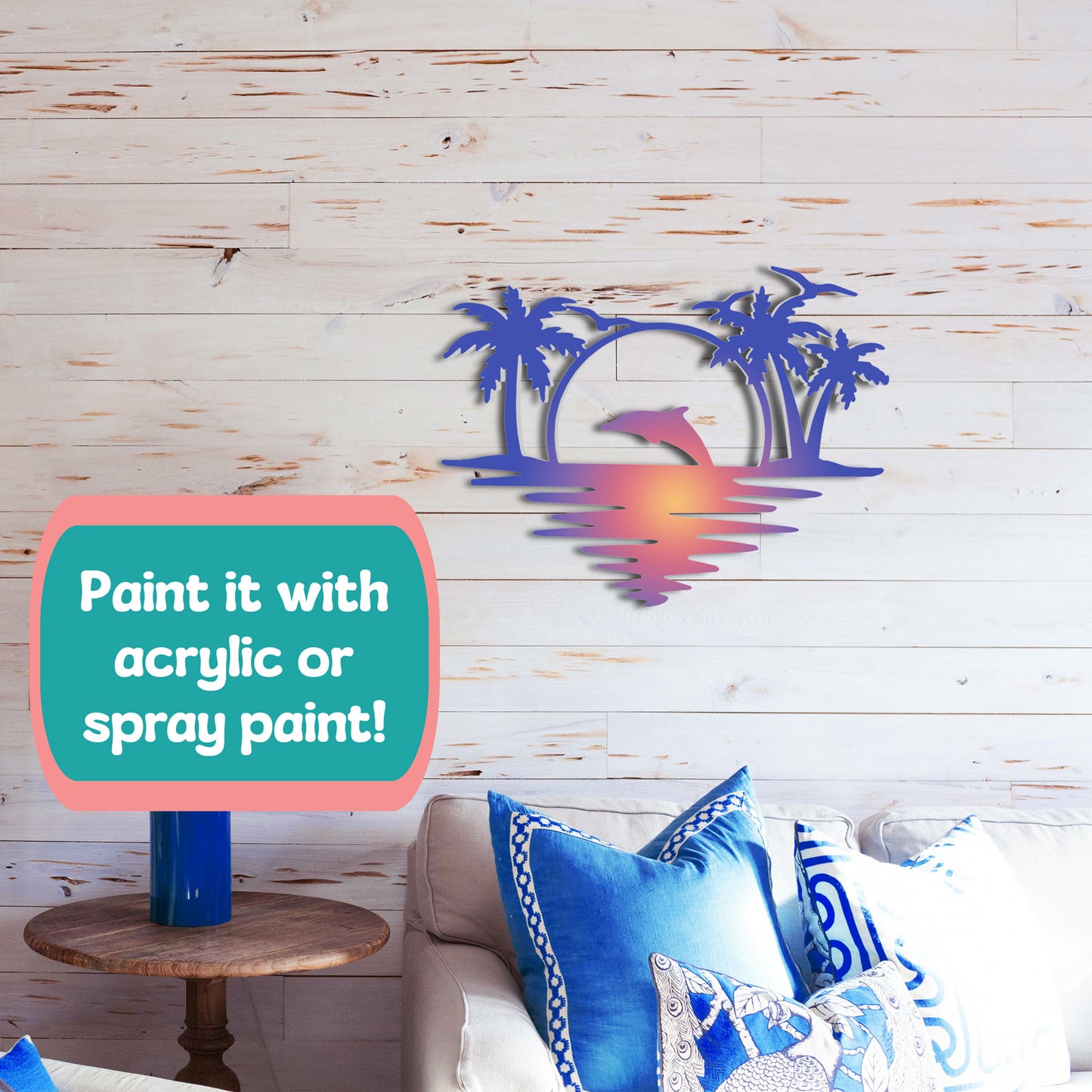 Outdoor Dolphin Wall Art, Coastal Wall Decor for Beach House, White PVC Dolphin Sign with Palm Trees Sunset, Nautical Ocean Decoration