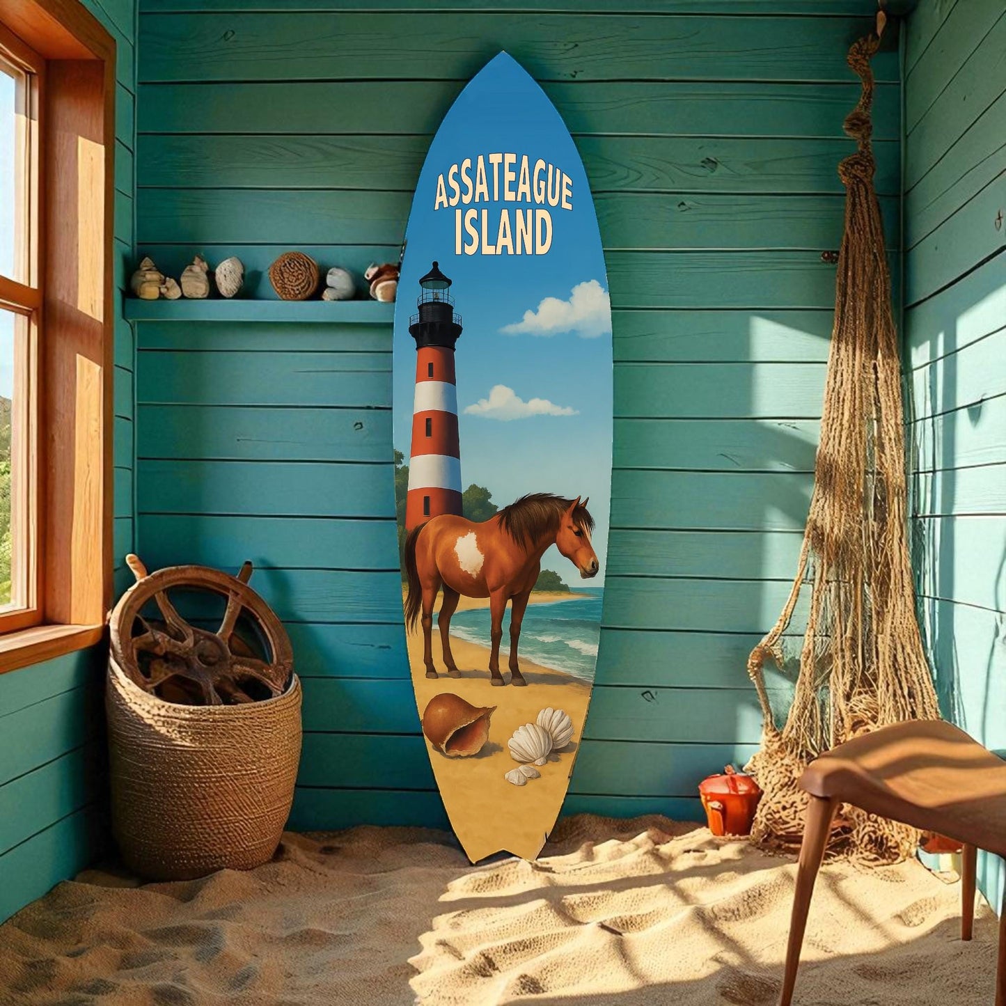 Assateague Island Surfboard Decor – Coastal Wall Art for Beach Lovers, Indoor Outdoor PVC Surf Board Sign, 3 - 5 Feet