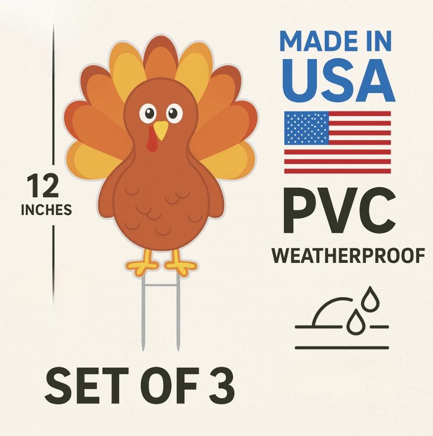 Thanksgiving Yard Stakes Set of 3 – PVC Turkey & Signs – Outdoor Fall Lawn Decorations – Made in USA, Weatherproof with Stakes