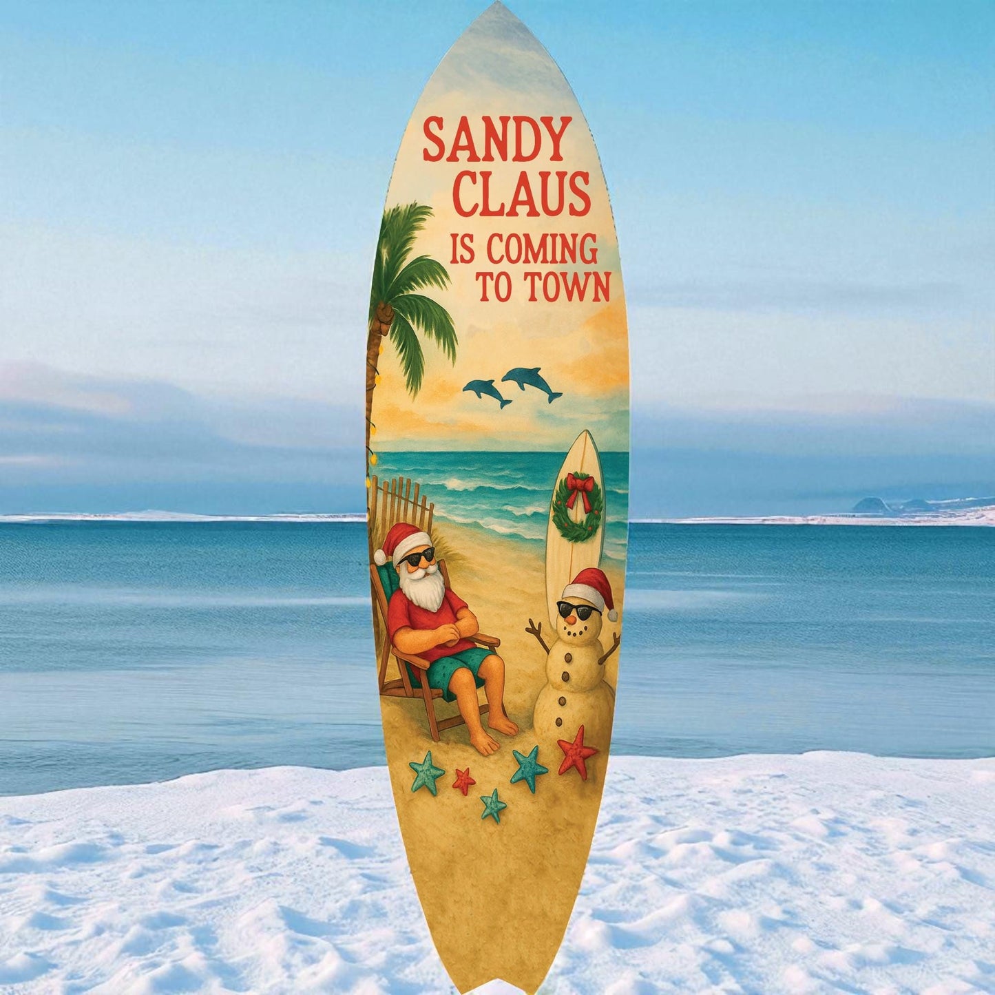 Sandy Claus Surfboard Sign β Beach Christmas Decor β Coastal Holiday Wall Art β Santa Surfing Tropical Sign β Nautical Xmas Porch Decoration, 3 - 5 Feet