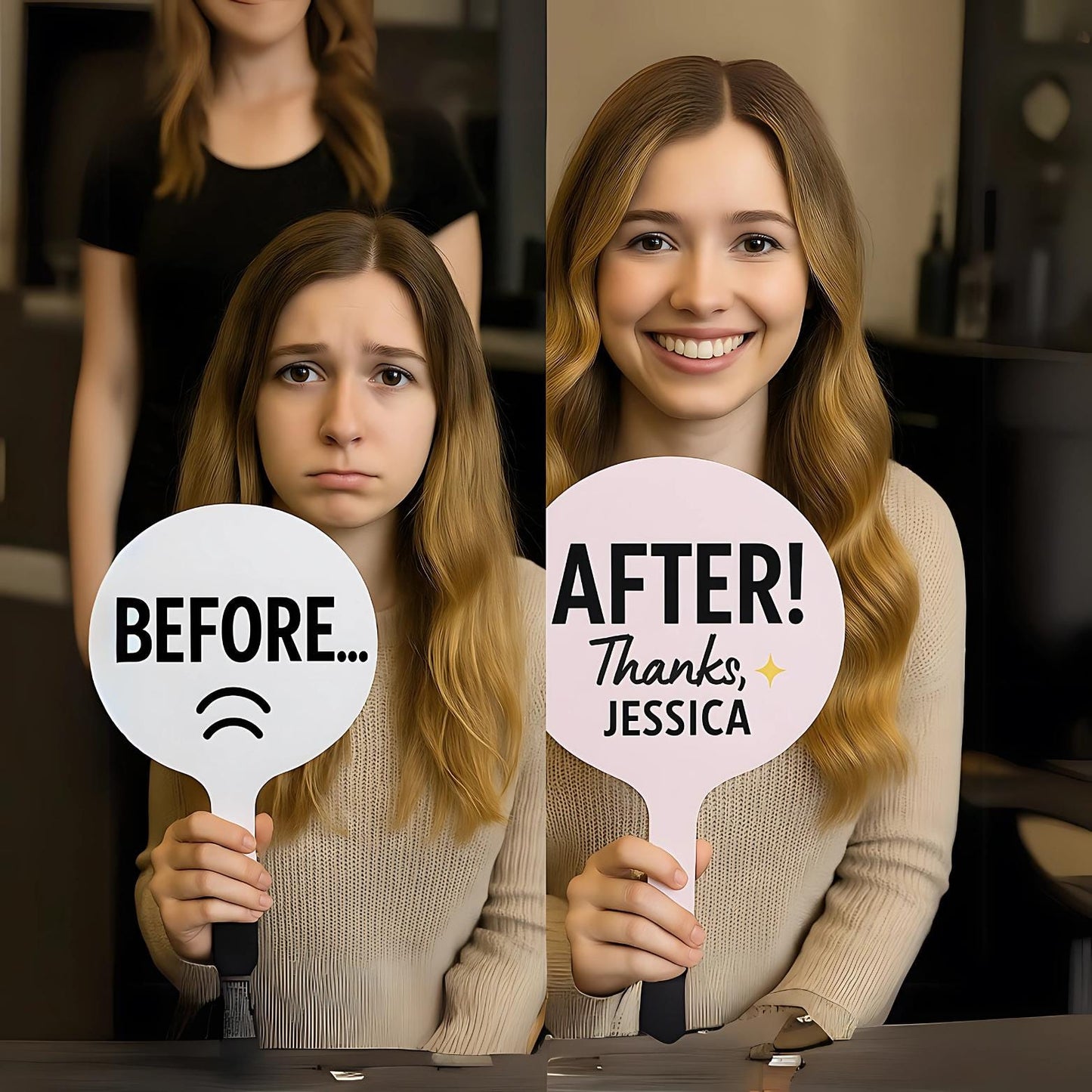 Before and After Hair Stylist Photo Prop Set | Salon Marketing Sign | Handheld PVC Mirror Sign | Client Reveal Sign for Stylists