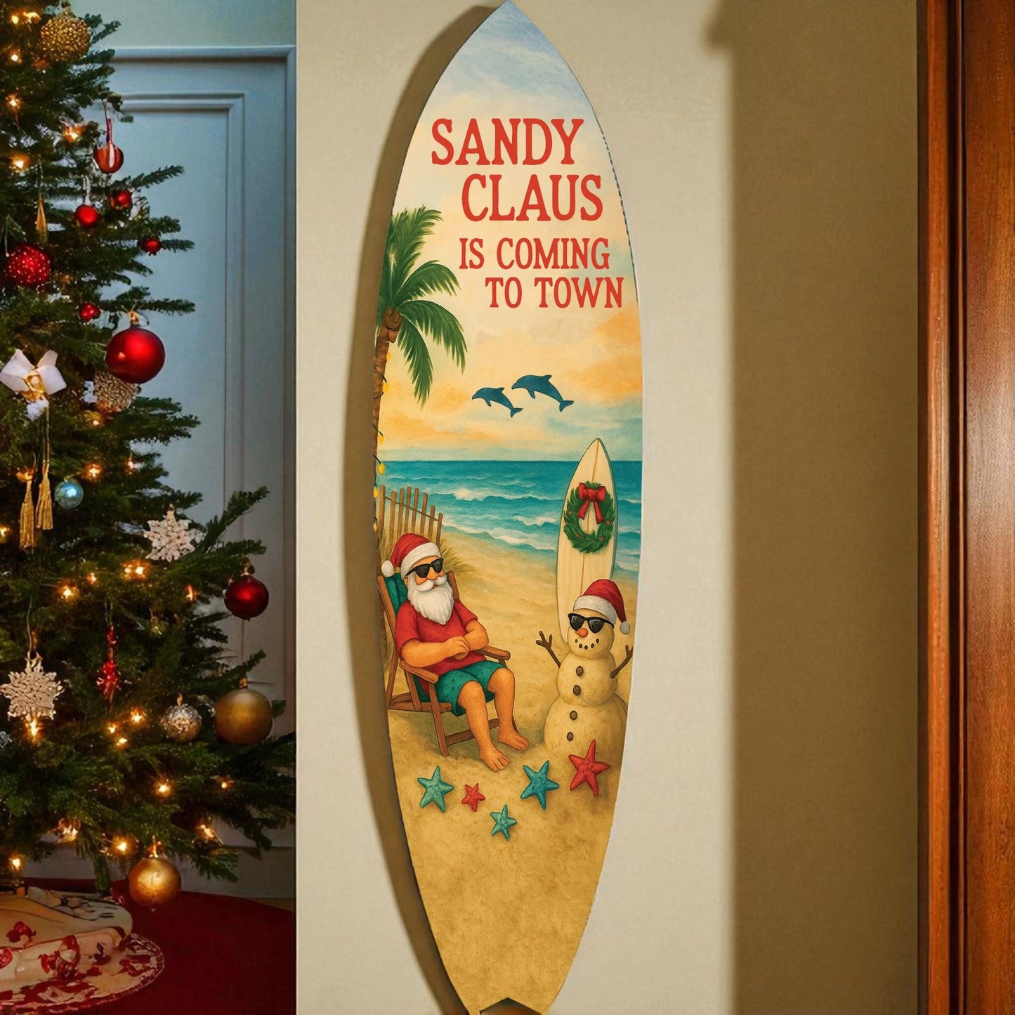 Sandy Claus Surfboard Sign β Beach Christmas Decor β Coastal Holiday Wall Art β Santa Surfing Tropical Sign β Nautical Xmas Porch Decoration, 3 - 5 Feet