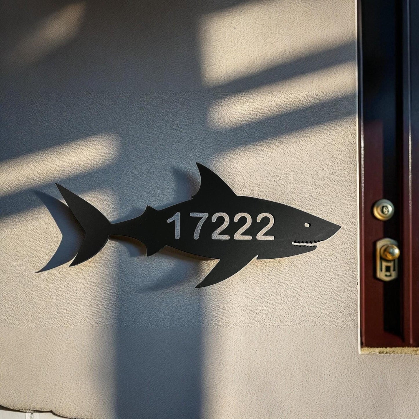 Shark Address Sign – Custom Coastal House Number Plaque, Nautical Beach House Décor, Outdoor Safe PVC, Black or White