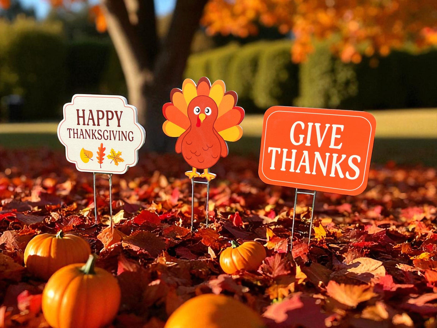 Thanksgiving Yard Stakes Set of 3 – PVC Turkey & Signs – Outdoor Fall Lawn Decorations – Made in USA, Weatherproof with Stakes