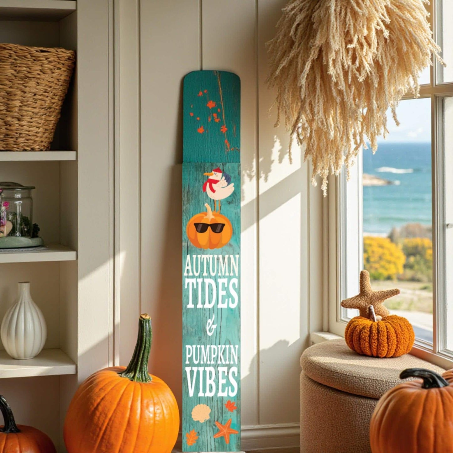 Coastal Farmhouse Autumn Sign: Pumpkin Vibes, Indoor/Outdoor Fall Decor