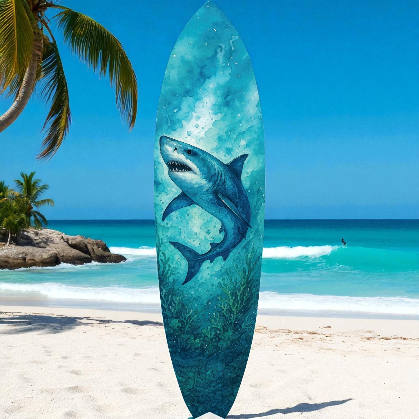 Shark Surfboard Wall Art – Watercolor Ocean Decor, Indoor Outdoor PVC, Coastal Shark Beach House Decoration, 3 - 5 Feet