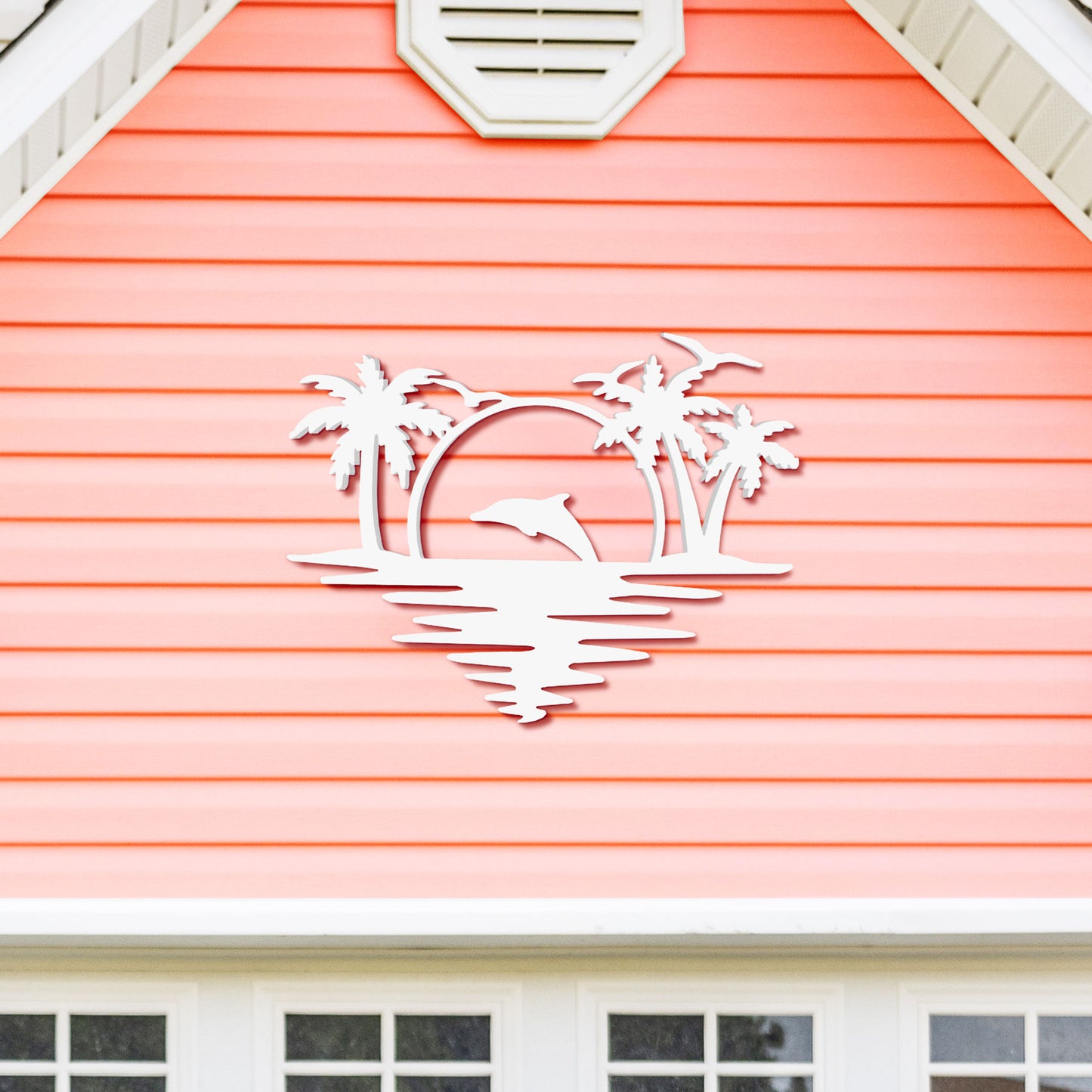 Outdoor Dolphin Wall Art, Coastal Wall Decor for Beach House, White PVC Dolphin Sign with Palm Trees Sunset, Nautical Ocean Decoration