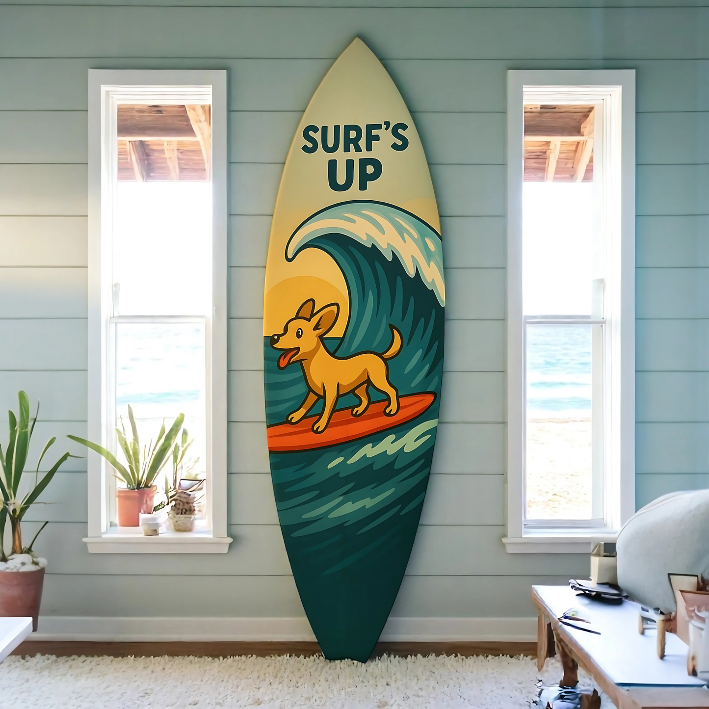 Outdoor Dog Surfboard Wall Decor – Coastal Pet Wall Art for Porch, Pool, Fence, PVC Beach House Decor for Dog Owners, Surfs Up, 5 foot