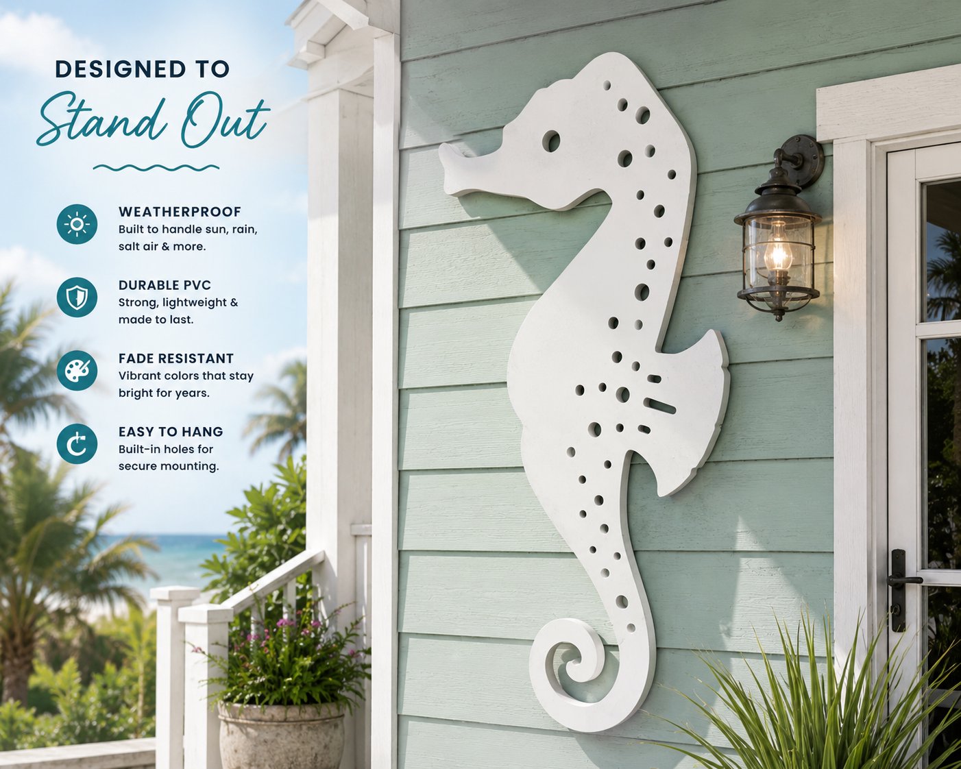 Outdoor Seahorse Wall Art – Coastal Beach House Nautical Sign – Weatherproof PVC Seahorse Decoration – Ocean Themed Marine Art