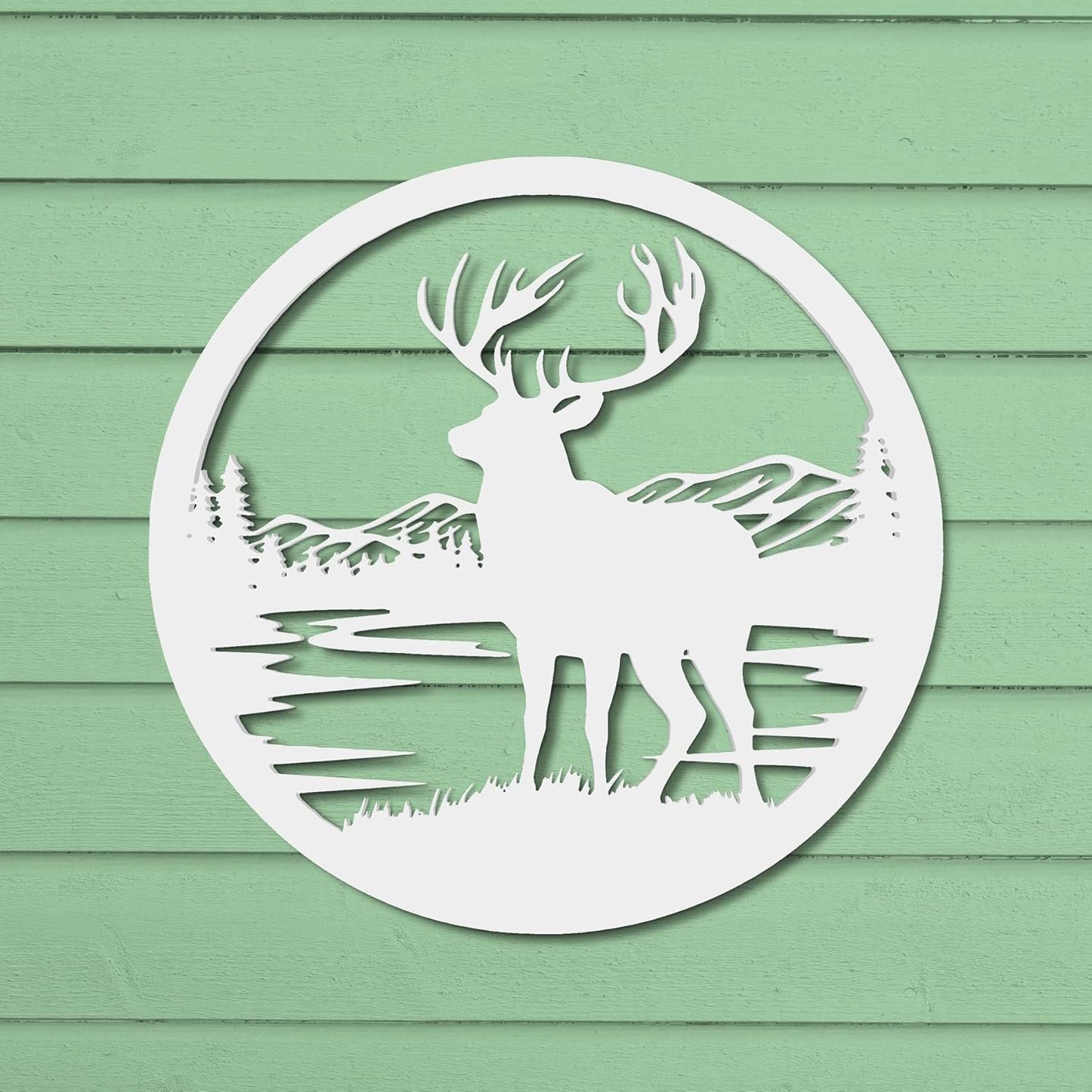 Outdoor Deer Wall Art Deer Decor for Cabin, Lodge, or Rustic Home Exterior, PVC Wilderness Sign with Mountains and Pine Trees, 36 Inch Round