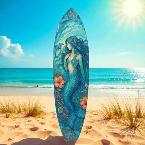 Mermaid Surfboard Wall Art – Coastal PVC Beach House Decoration for Porch, Pool, Patio, Indoor Outdoor Watercolor Mermaid Decor, 3 - 5 Feet