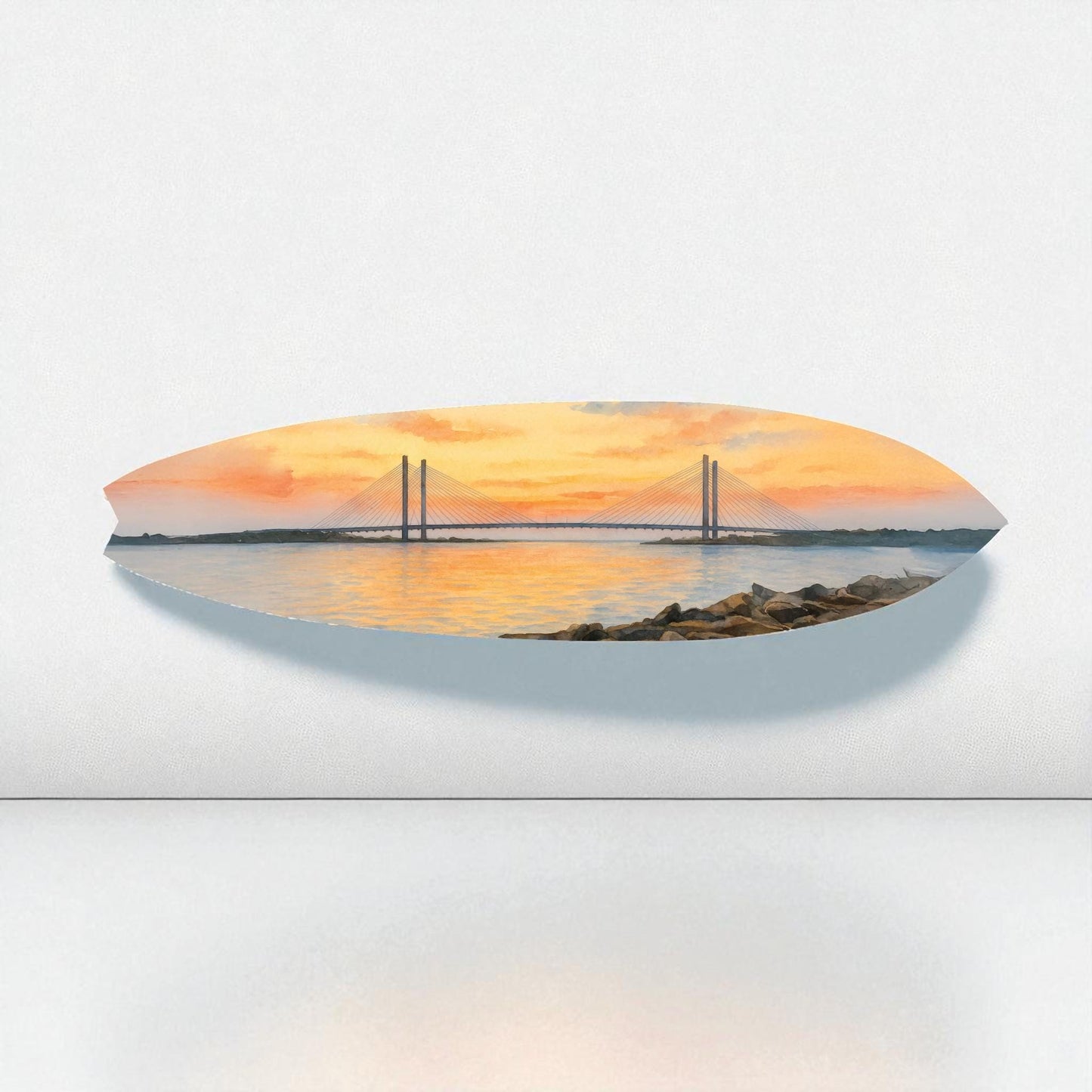 Indian River Bridge Surfboard Wall Art – Delaware Watercolor Coastal Décor, Nautical PVC Surfboard Sign, Outdoor Safe