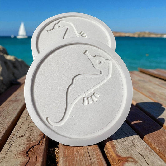 Seahorse Coasters Set of 4 – Indoor Outdoor PVC Coasters, Carved Seahorse Design, Coastal Beach House Decor, Nautical Drink Coasters