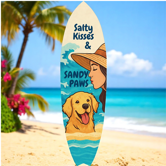 Outdoor Dog Surfboard Wall Decor – Coastal Pet Wall Art for Porch, Pool, Fence, PVC Beach House Decor for Dog Owners, Sandy Paws, 3 foot