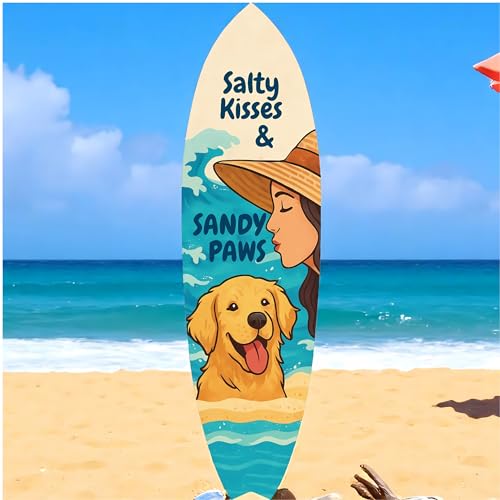 Outdoor Dog Surfboard Wall Decor – Coastal Pet Wall Art for Porch, Pool, Fence, PVC Beach House Decor for Dog Owners, Sandy Paws, 4 foot