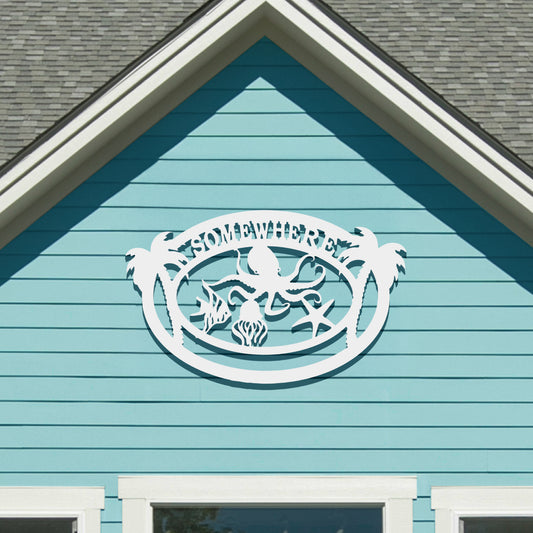 Coastal Beach House Decor, Somewhere Outdoor PVC Wall Art with Octopus Palm Trees Sea Life, Nautical Decoration for Home, Garage, or Shed, 3 Foot
